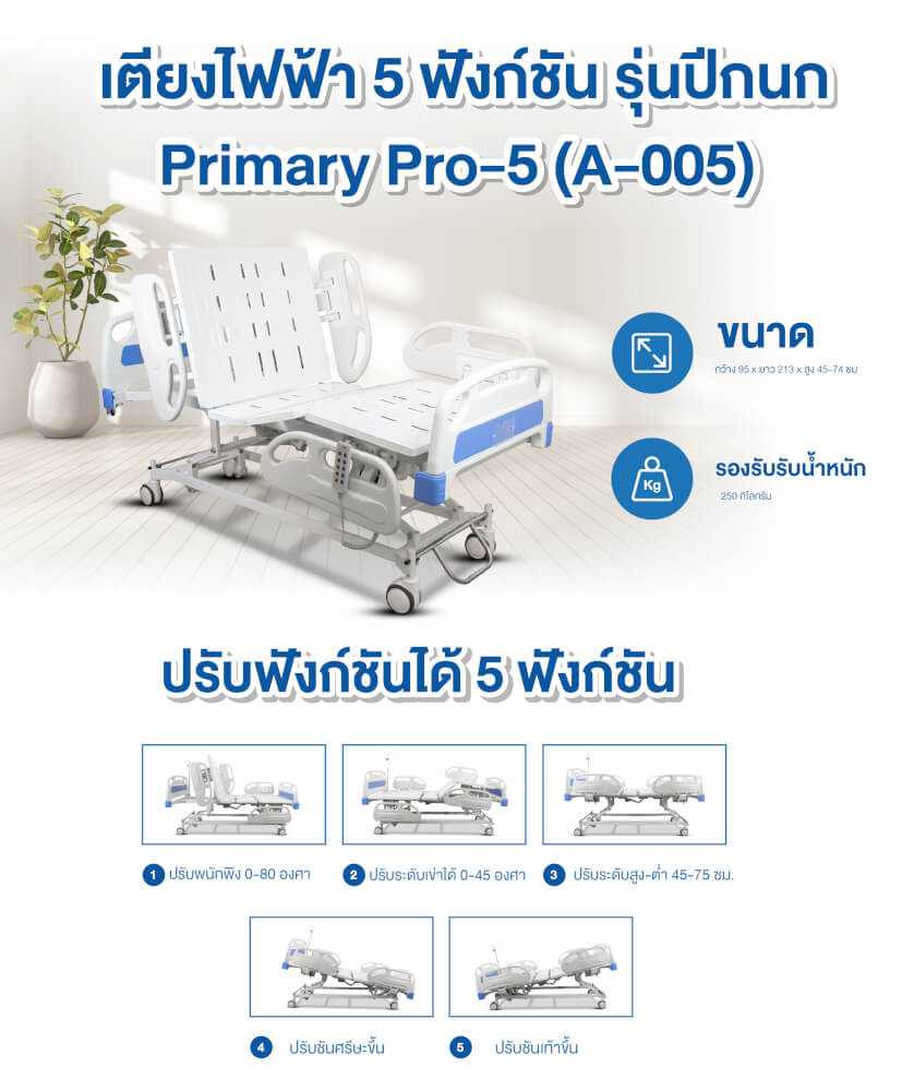 เตียงผู้ป่วยไฟฟ้า 5 ฟังก์ชั่น ปีกนก The Primary Pro รุ่น A-005